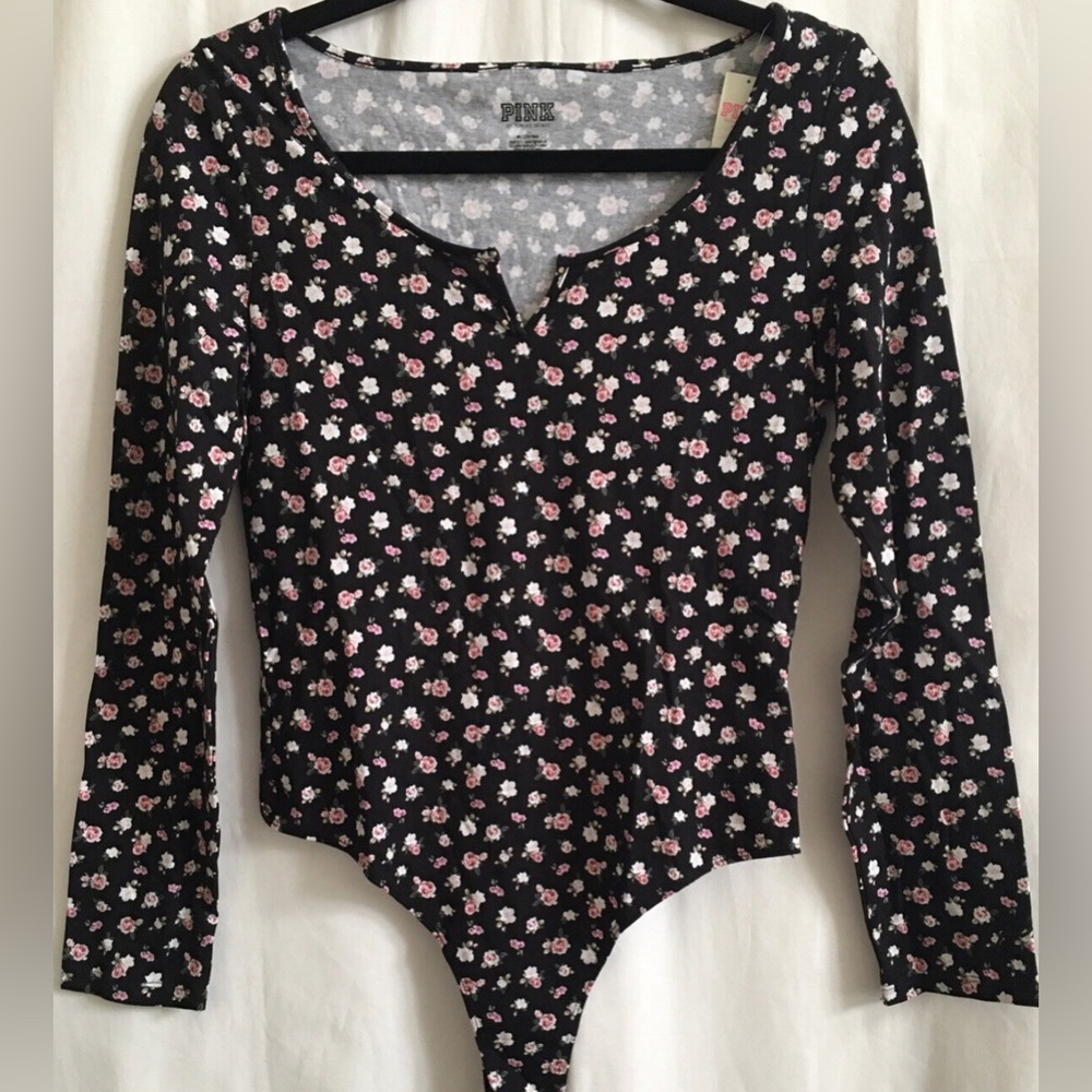 PINK VS Long Sleeve Black Floral Roses Bodysuit